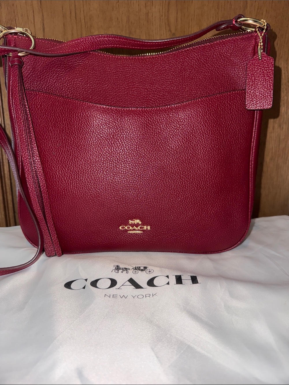 Coach Chaise Pebbled Leather Shoulder Crossbody in red/Burgundy gold hardware